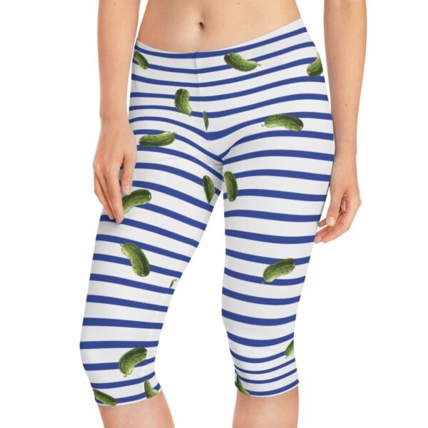 Blue and White Stripes With Green Pickles Design - Women's Capri Leggings