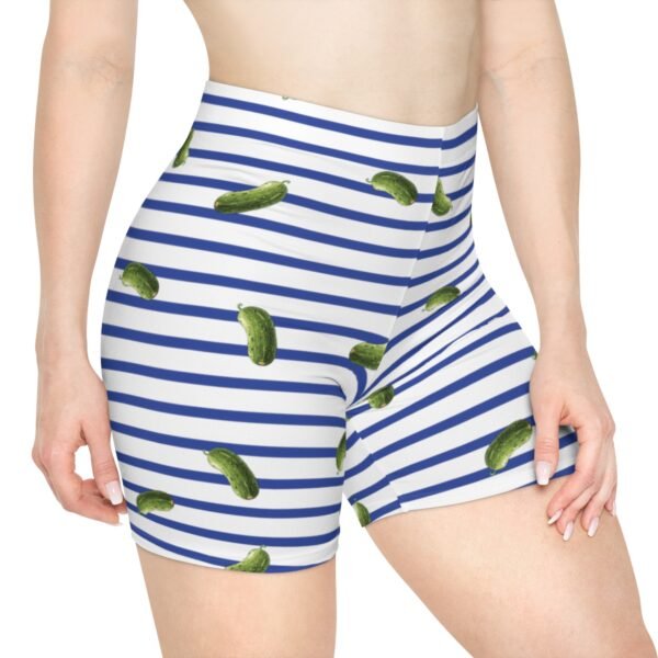 Blue and White Stripes With Green Pickles Design - Women's Biker Shorts